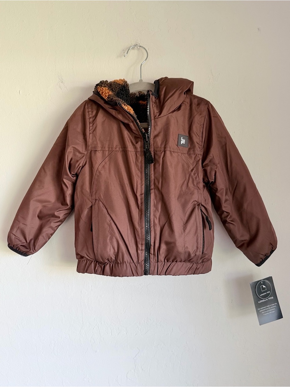 London Fog Kids Reversible Brown Hooded Winter Jacket Plaid Sherpa, Sz 2T NWT